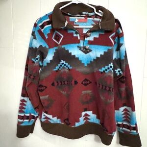 Aztec Fleece Pullover Sweater Unisex L Cowboy Western Rodeo Made In USA Red Blue